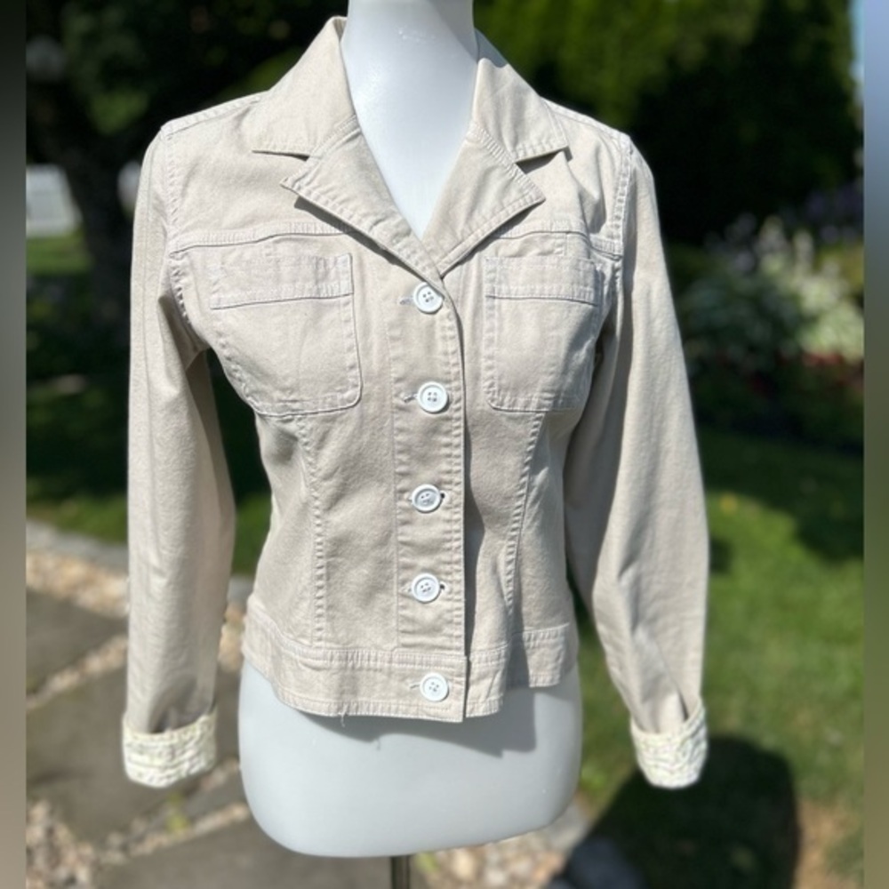 Tan khaki jean jacket with floral cuffs